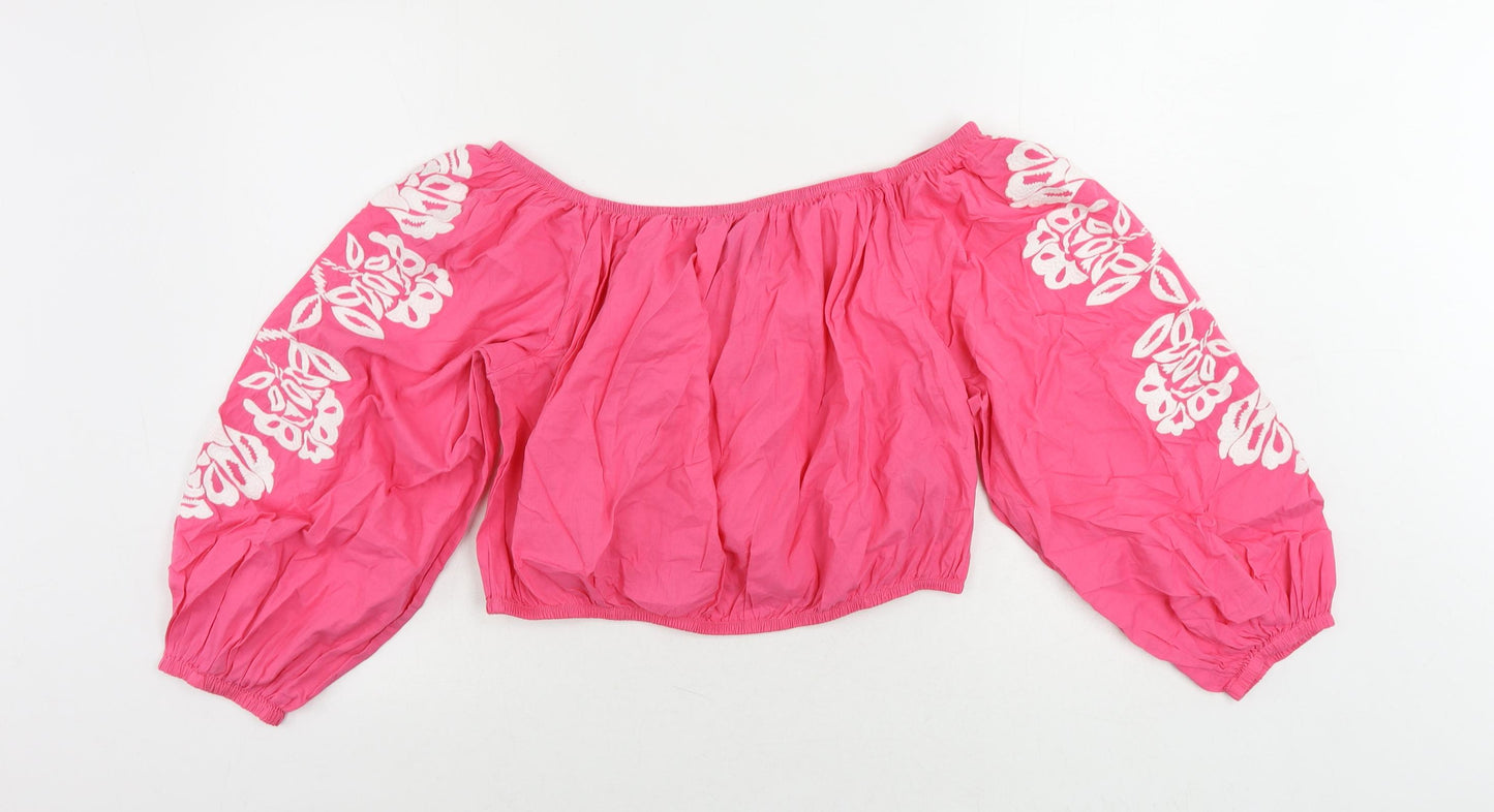 Marks and Spencer Womens Pink Cotton Cropped Blouse Size 18 Off the Shoulder - Embroidered