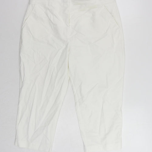 Marks and Spencer Womens White Cotton Cropped Trousers Size 18 L22 in Regular Zip - Elastic Waist