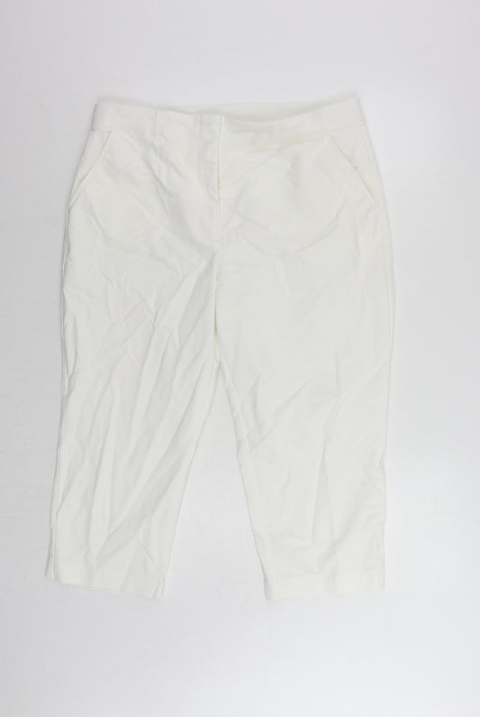 Marks and Spencer Womens White Cotton Cropped Trousers Size 18 L22 in Regular Zip - Elastic Waist