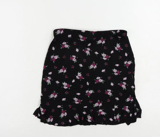 Missguided Womens Black Floral Viscose Mini Skirt Size 10 - Elastic Waist