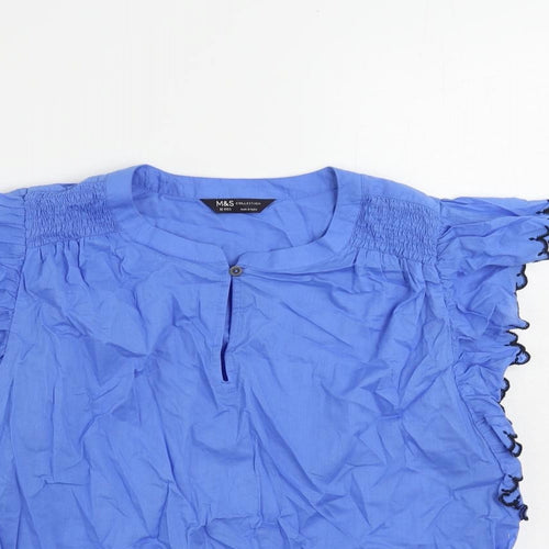 Marks and Spencer Womens Blue Cotton Basic Blouse Size 12 Round Neck - Ruffle