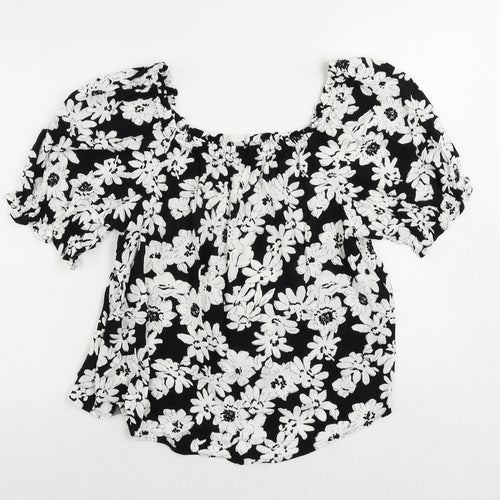 Marks and Spencer Womens Black Floral Viscose Basic Blouse Size 10 Round Neck