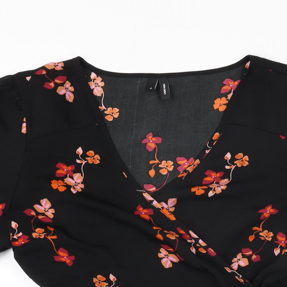 VERO MODA Womens Black Floral Polyester Wrap Blouse Size M V-Neck