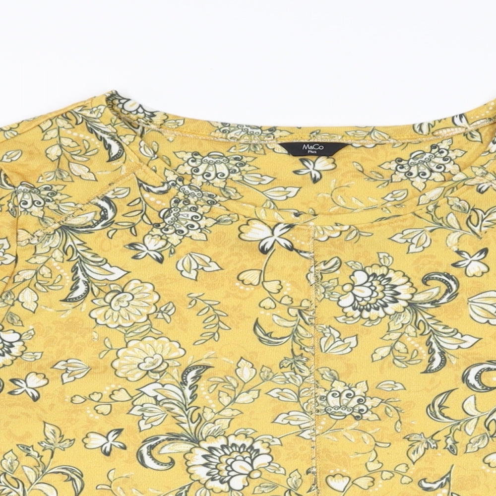 M&Co Womens Yellow Floral Polyester Basic T-Shirt Size 18 Round Neck