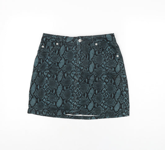 Topshop Womens Blue Animal Print Cotton Mini Skirt Size 10 Zip