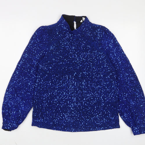 M&Co Womens Blue Polyester Basic Blouse Size 10 Round Neck - Sequins