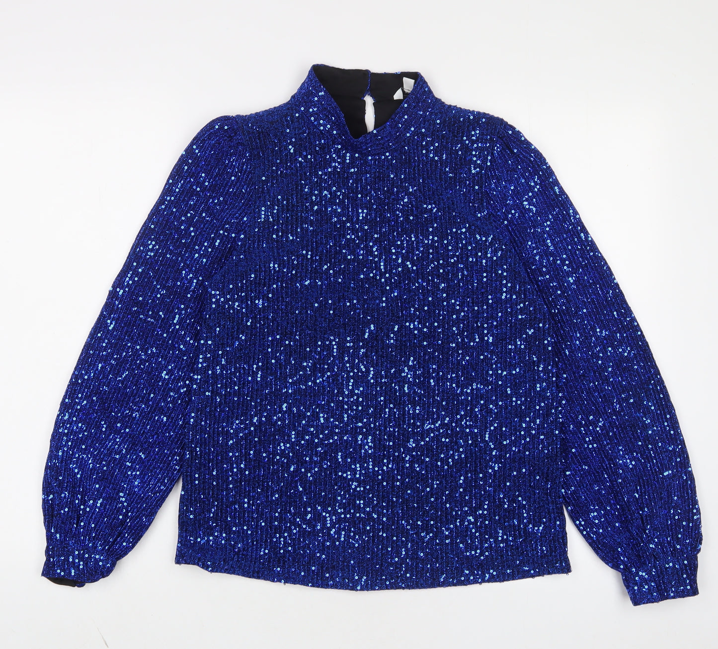 M&Co Womens Blue Polyester Basic Blouse Size 10 Round Neck - Sequins