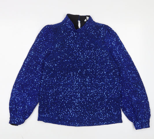 M&Co Womens Blue Polyester Basic Blouse Size 10 Round Neck - Sequins