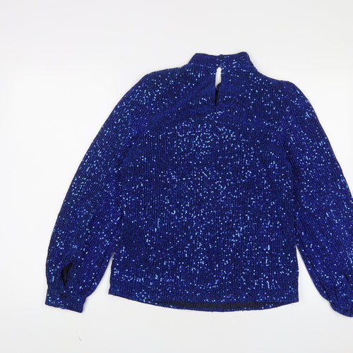 M&Co Womens Blue Polyester Basic Blouse Size 10 Round Neck - Sequins