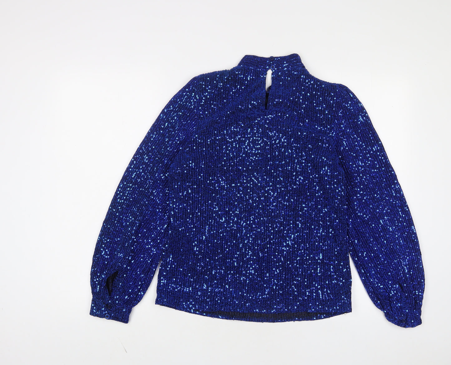 M&Co Womens Blue Polyester Basic Blouse Size 10 Round Neck - Sequins