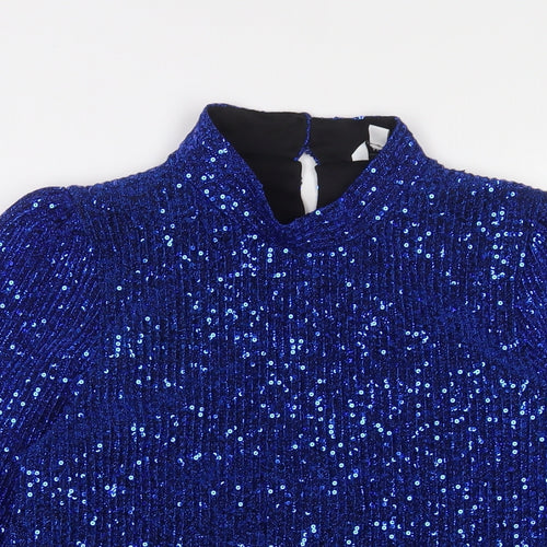 M&Co Womens Blue Polyester Basic Blouse Size 10 Round Neck - Sequins