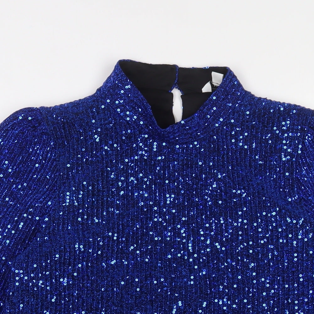 M&Co Womens Blue Polyester Basic Blouse Size 10 Round Neck - Sequins