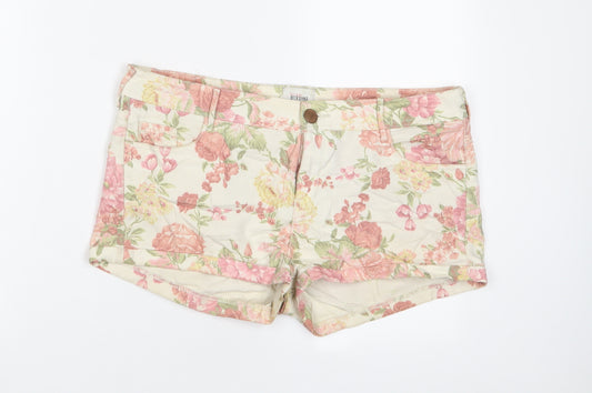 Bershka Womens Pink Floral Cotton Basic Shorts Size 14 Regular Zip