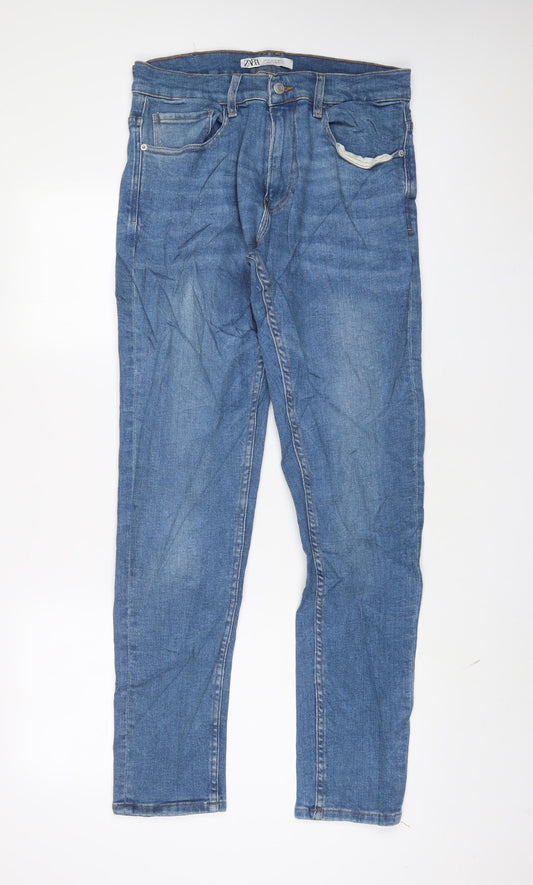 Zara Mens Blue Cotton Straight Jeans Size 32 in L32 in Regular Zip