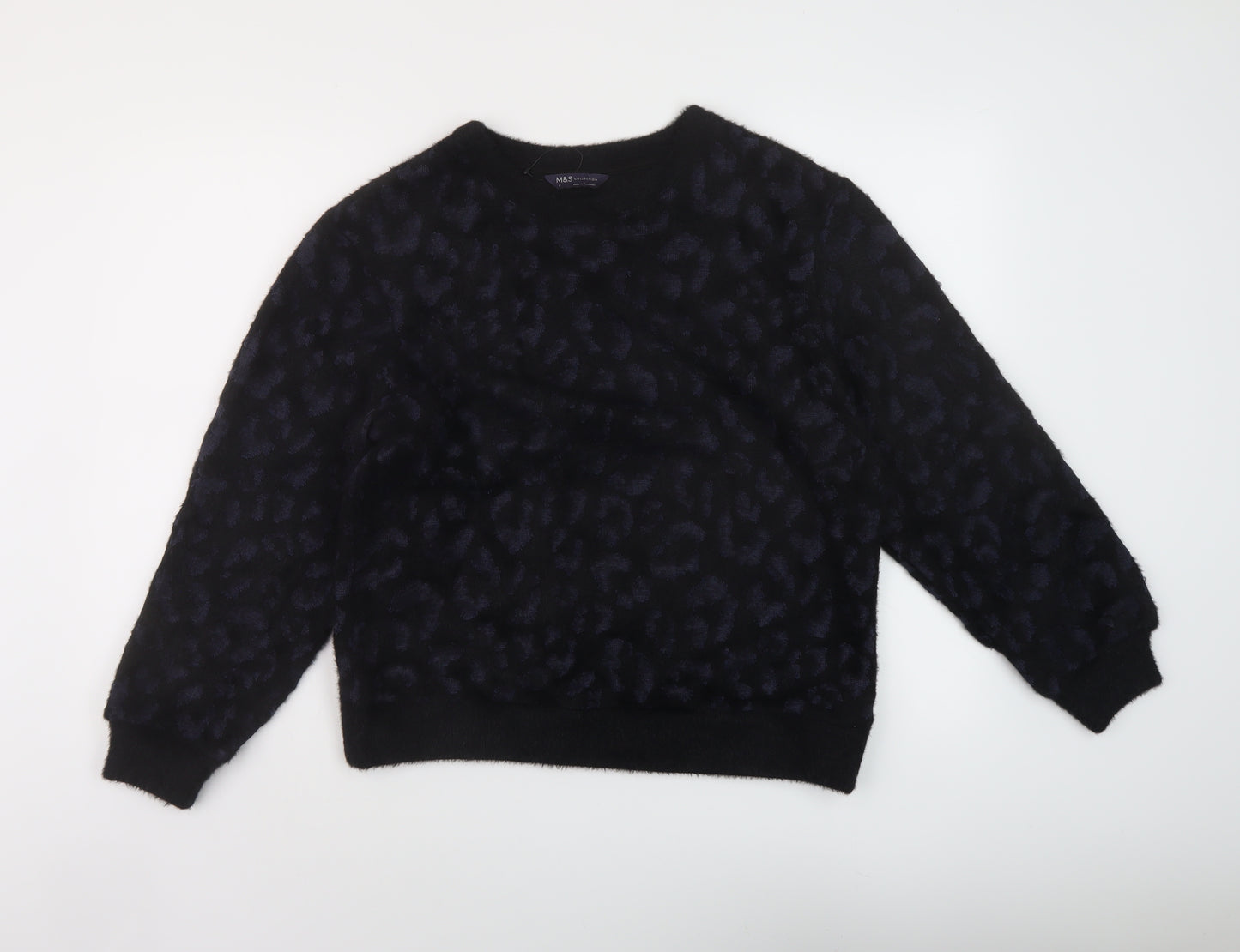 Marks and Spencer Womens Black Round Neck Animal Print Polyamide Pullover Jumper Size S