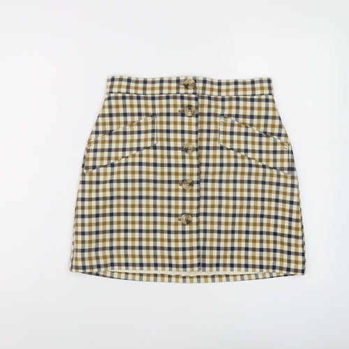 H&M Womens Beige Check Polyester Mini Skirt Size 12 Button