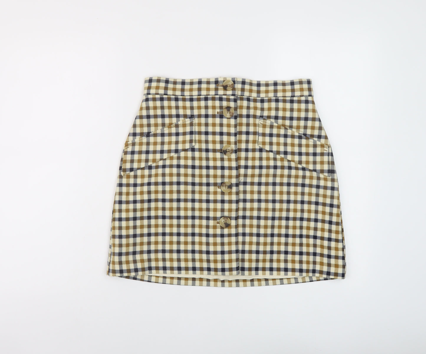 H&M Womens Beige Check Polyester Mini Skirt Size 12 Button