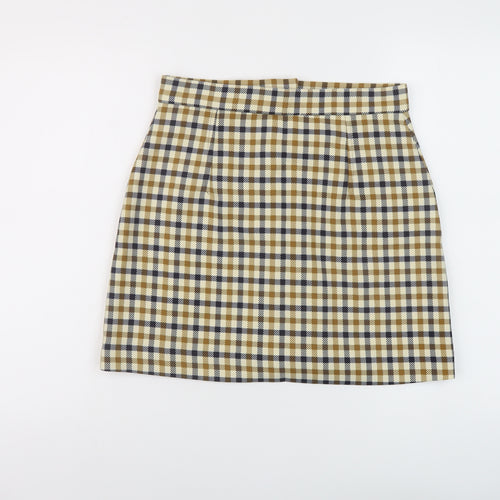 H&M Womens Beige Check Polyester Mini Skirt Size 12 Button