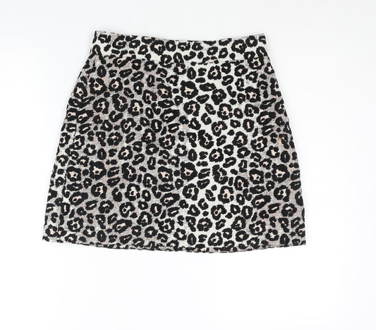 Topshop Womens Black Animal Print Viscose A-Line Skirt Size 10 Zip - Textured Leopard Print