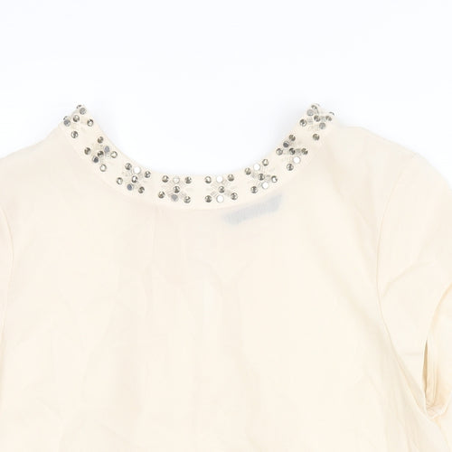 Marina Kaneva Womens Ivory Polyester Basic Blouse Size 12 Round Neck - Rhinestone Neckline