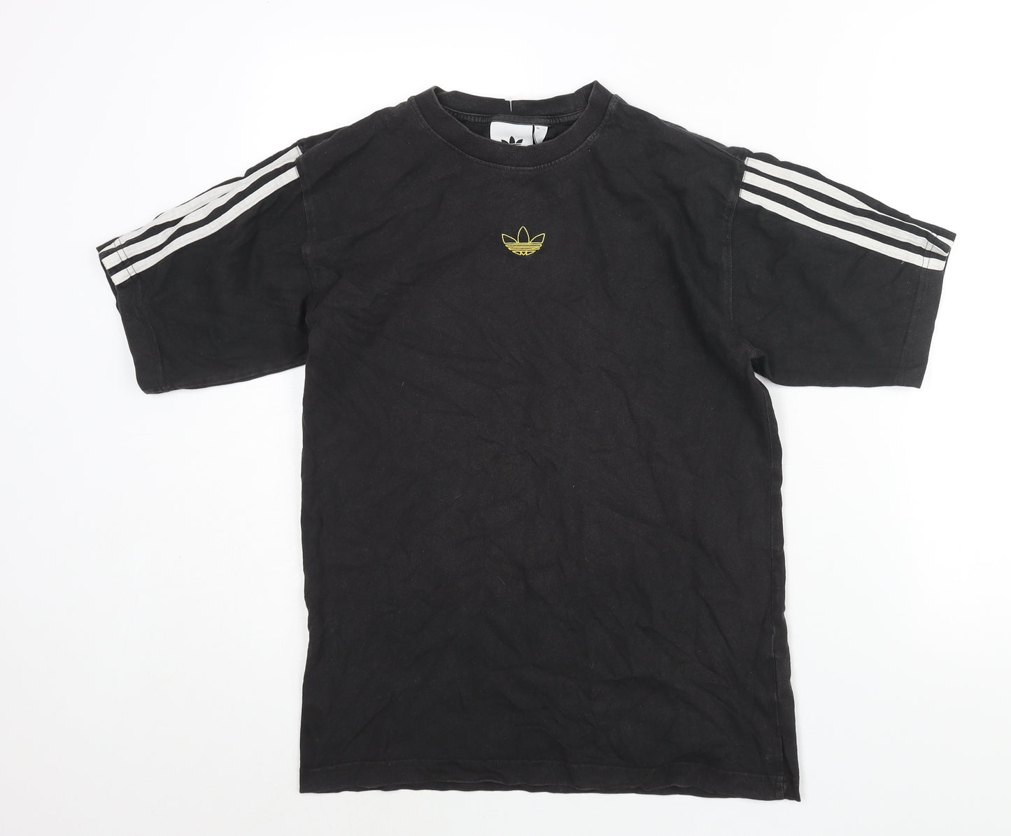 adidas Mens Black Cotton T-Shirt Size S Round Neck - Three Stripe Embroidered Logo