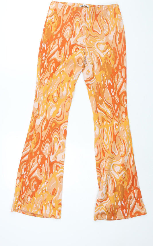 Zara Womens Orange Geometric Polyester Trousers Size M L33 in Regular