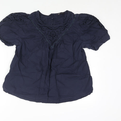 Marks and Spencer Womens Blue Cotton Basic Blouse Size 14 Round Neck - Lace Detail