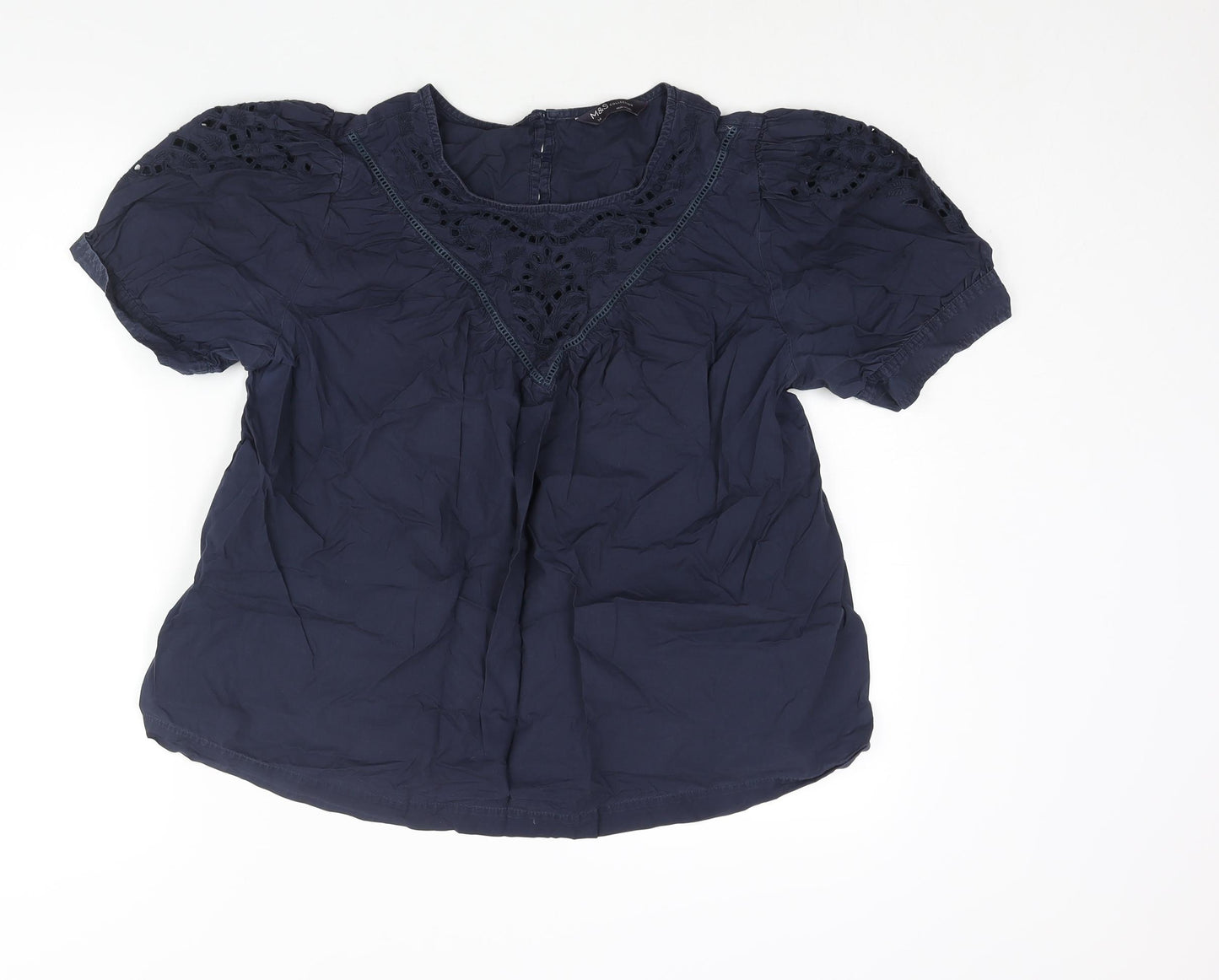 Marks and Spencer Womens Blue Cotton Basic Blouse Size 14 Round Neck - Lace Detail