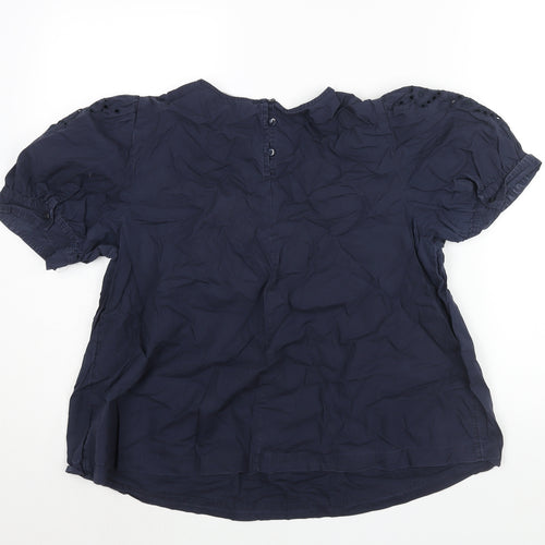 Marks and Spencer Womens Blue Cotton Basic Blouse Size 14 Round Neck - Lace Detail