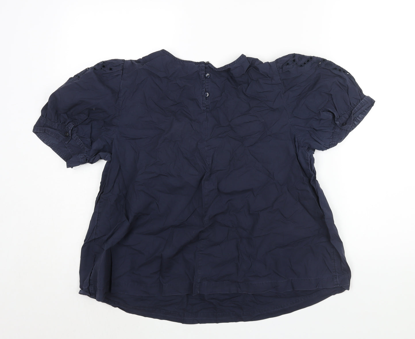 Marks and Spencer Womens Blue Cotton Basic Blouse Size 14 Round Neck - Lace Detail