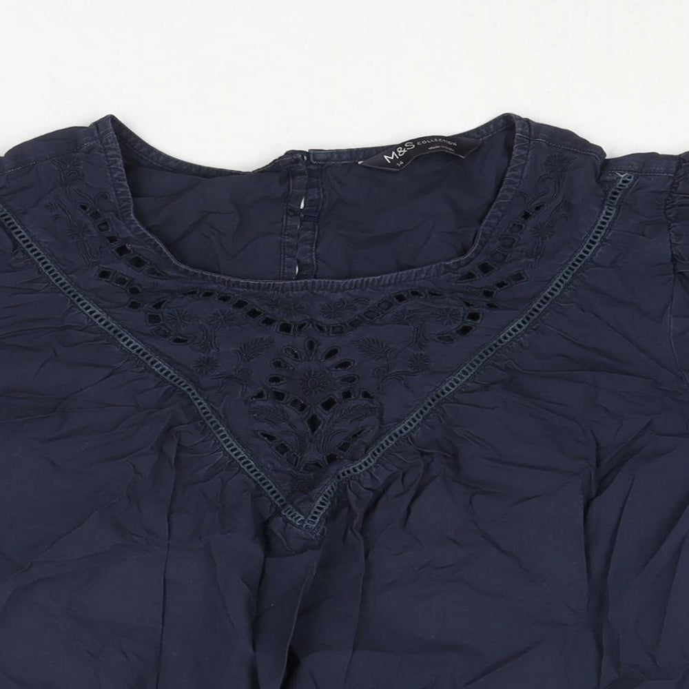 Marks and Spencer Womens Blue Cotton Basic Blouse Size 14 Round Neck - Lace Detail