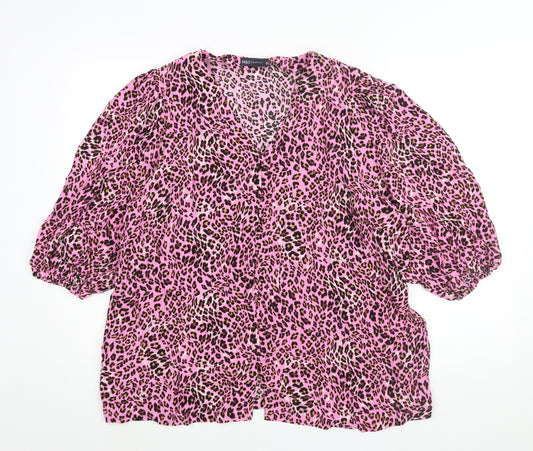 Marks and Spencer Womens Pink Animal Print Viscose Basic Blouse Size 22 V-Neck