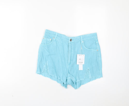 Bershka Womens Blue Cotton Basic Shorts Size 8 L3 in Regular Zip