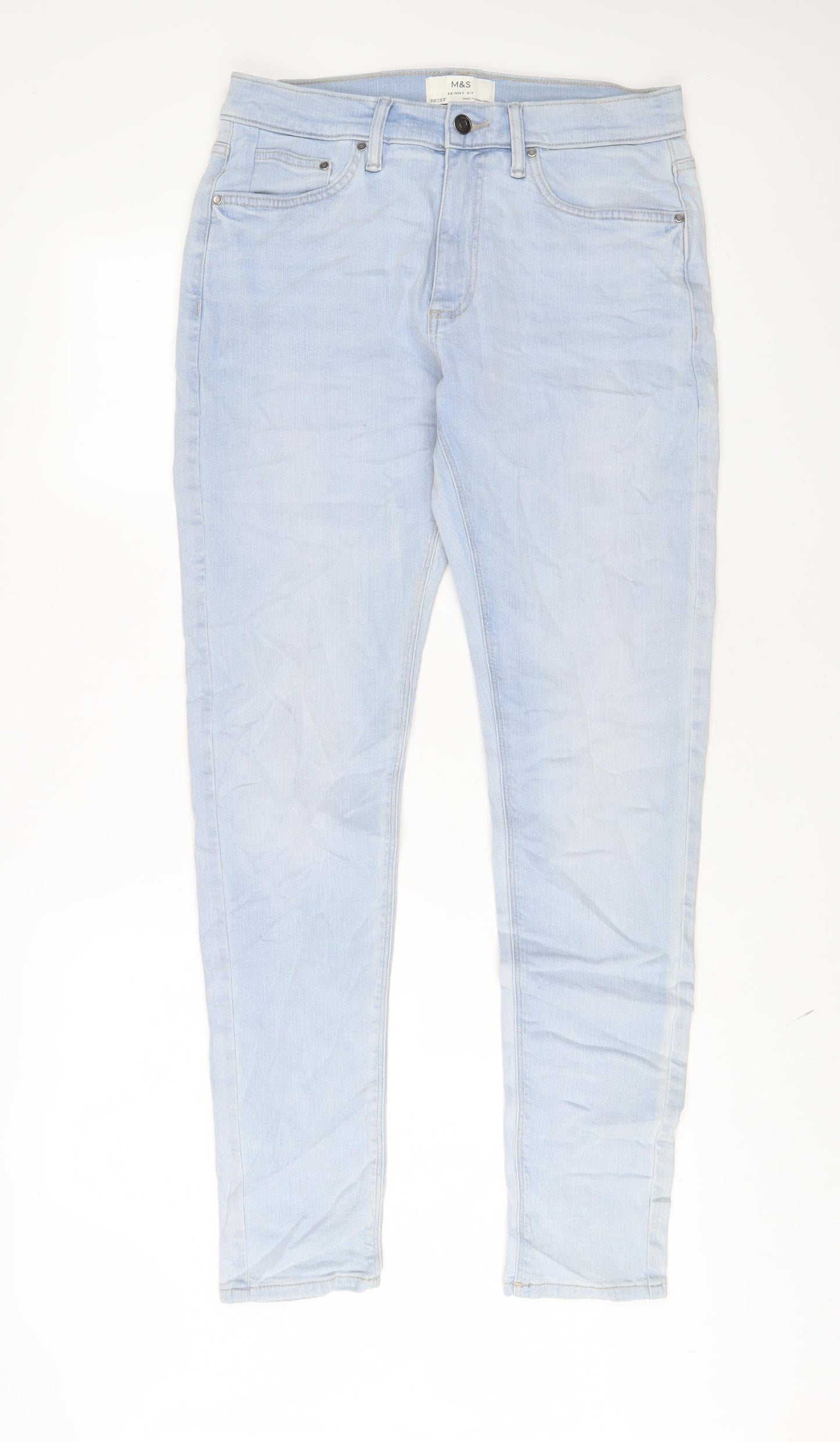 Marks and Spencer Mens Blue Cotton Skinny Jeans Size 30 in L33 in Regular Zip - Long Leg