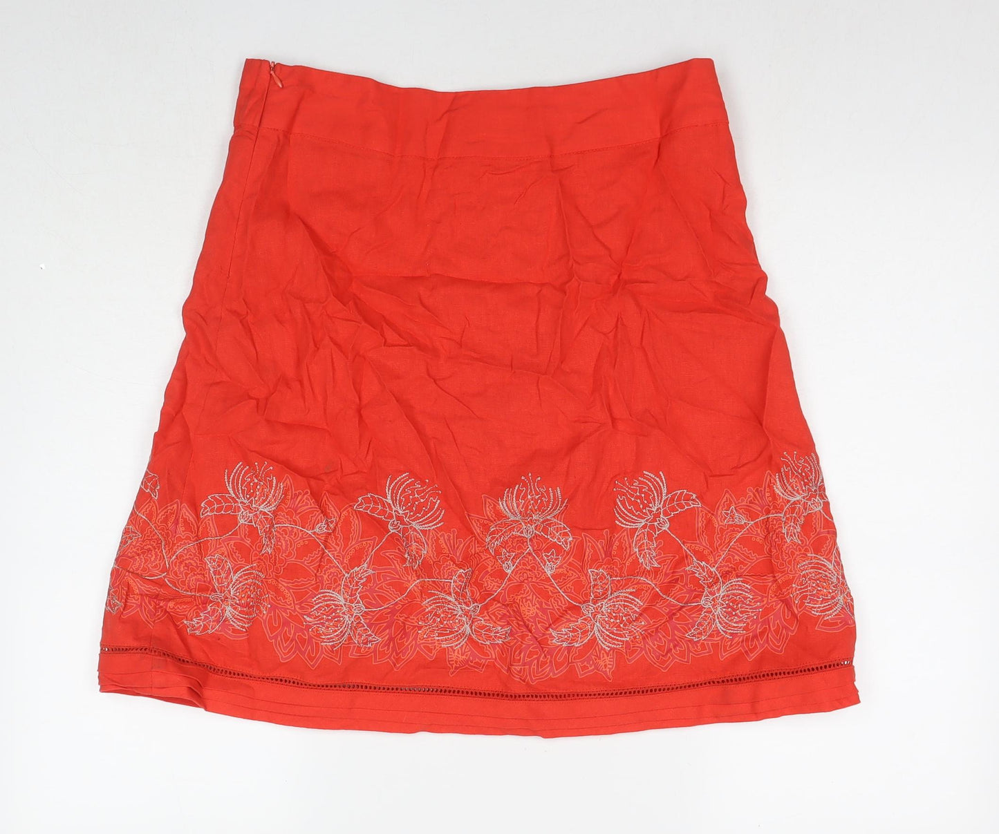 E-vie Womens Red Floral Linen A-Line Skirt Size 12 Zip