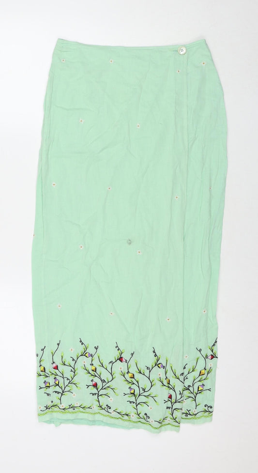 NEXT Womens Green Cotton Maxi Skirt Size 10 Button - Embraided Flowers