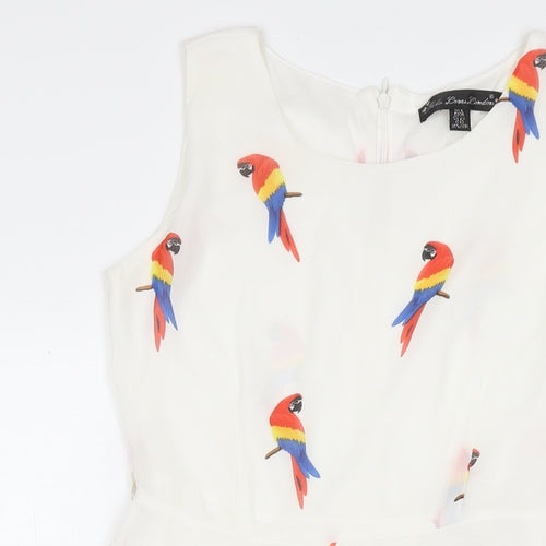 Mela London Womens White Polyester Fit & Flare Size 8 Round Neck Zip - Parrots