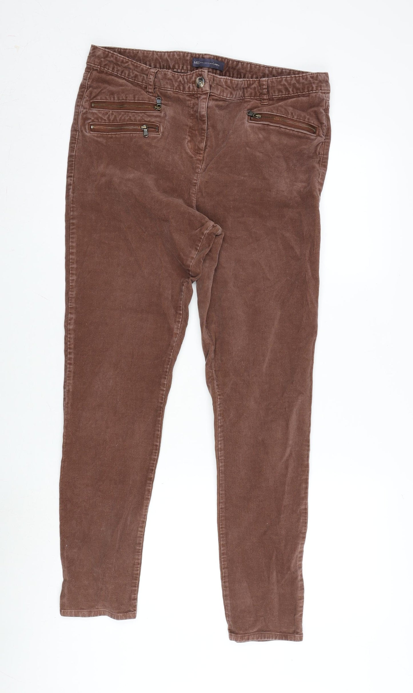 Marks and Spencer Womens Brown Cotton Jegging Trousers Size 14 L28 in Regular Zip