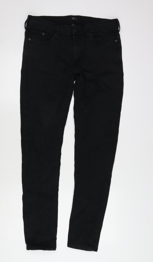 River Island Mens Black Cotton Blend Straight Jeans Size 32 in L34 in Extra-Slim Zip