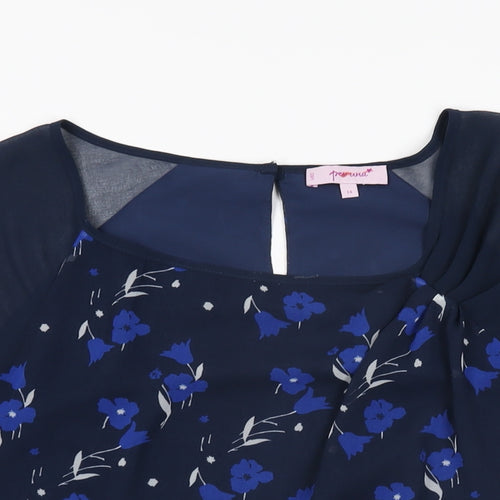 Per Una Womens Blue Floral Polyester Basic Blouse Size 14 Round Neck