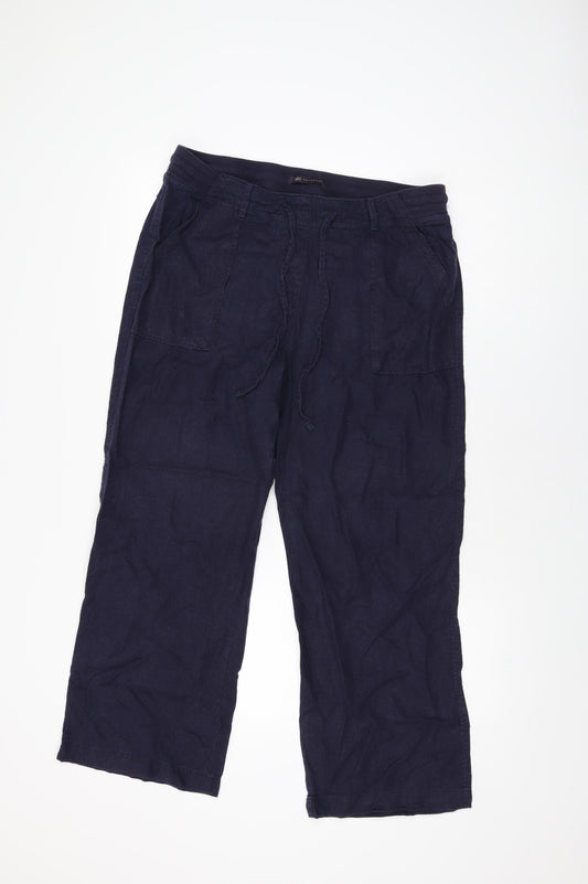 Marks and Spencer Womens Blue Linen Trousers Size 14 L27 in Regular Drawstring