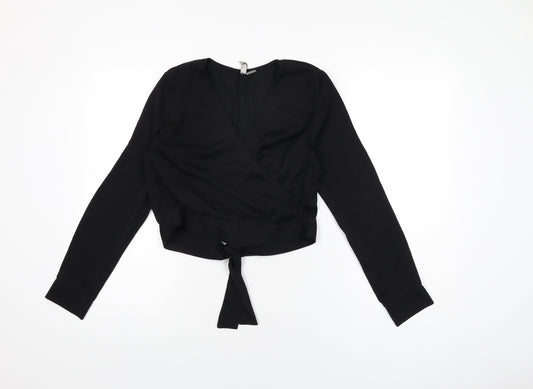 H&M Womens Black Polyester Cropped Blouse Size 10 V-Neck