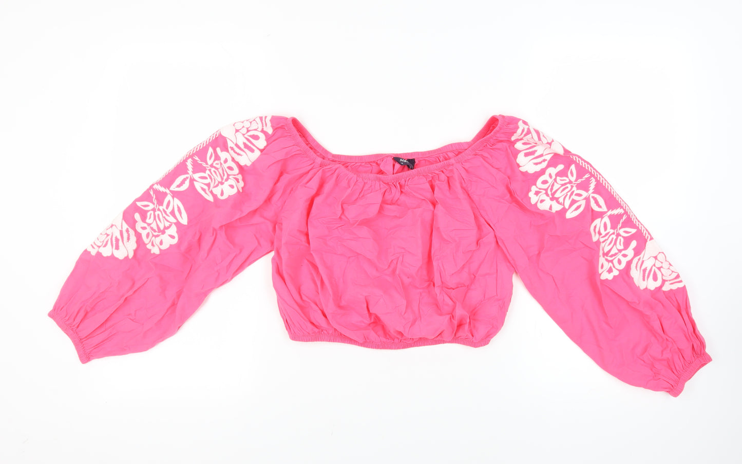 Marks and Spencer Womens Pink Cotton Cropped Blouse Size 14 Off the Shoulder - Embroidered