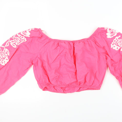 Marks and Spencer Womens Pink Cotton Cropped Blouse Size 14 Off the Shoulder - Embroidered