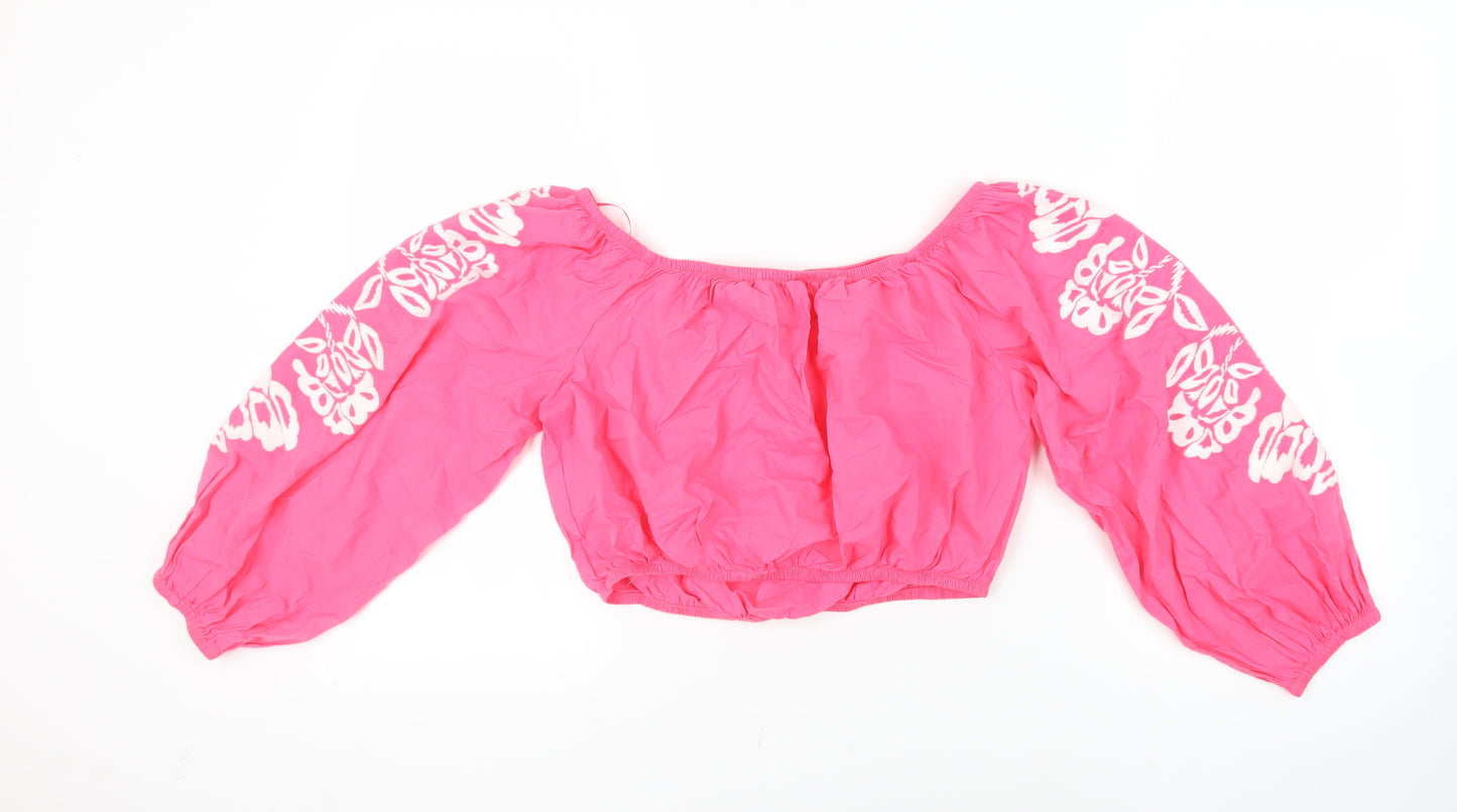 Marks and Spencer Womens Pink Cotton Cropped Blouse Size 14 Off the Shoulder - Embroidered