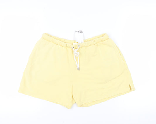 H&M Womens Yellow Cotton Sweat Shorts Size M L5 in Regular Drawstring - Adjustable Waist