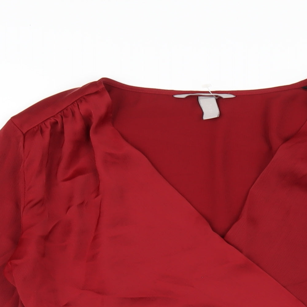 H&M Womens Red Polyester Basic Blouse Size 10 V-Neck