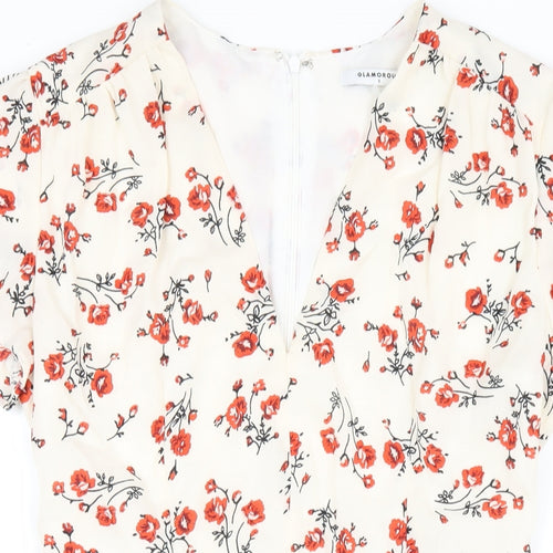 Glamorous Womens Ivory Floral Polyester A-Line Size S V-Neck Zip