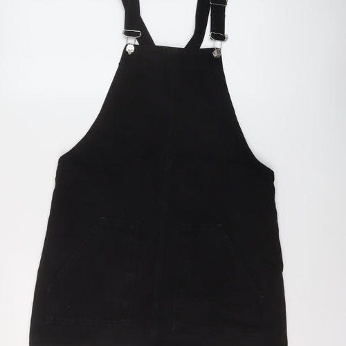 Stradivarius Womens Black Cotton Pinafore/Dungaree Dress Size 12 Square Neck Buckle