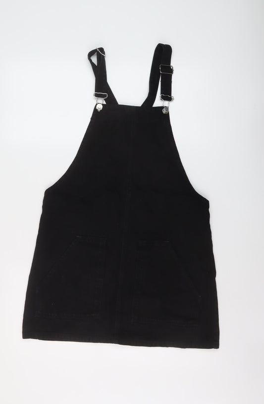 Stradivarius Womens Black Cotton Pinafore/Dungaree Dress Size 12 Square Neck Buckle